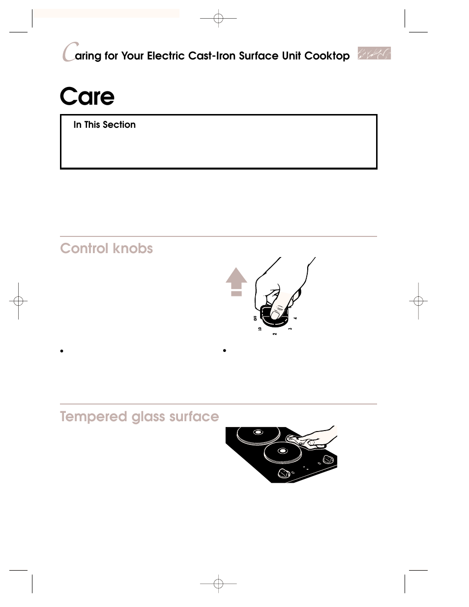 Care, Control knobs, Tempered glass surface | KITCHENAID KKECT025 User Manual | Page 13 / 36