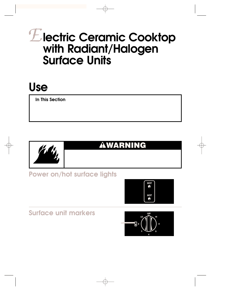 Wwarning, Power on/hot surface lights, Surface unit markers | KITCHENAID KKECT025 User Manual | Page 16 / 36