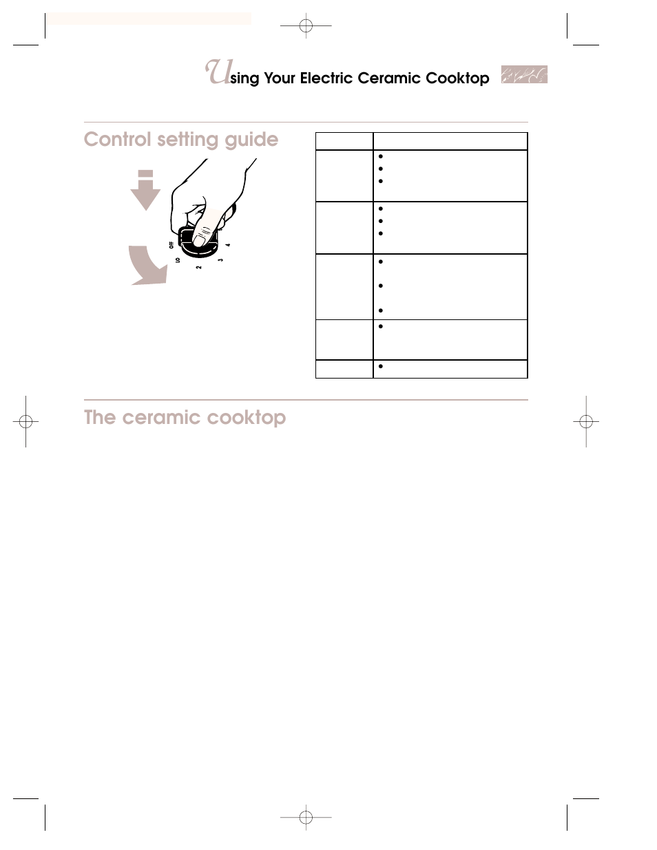 The ceramic cooktop, Control setting guide, Sing your electric ceramic cooktop | KITCHENAID KKECT025 User Manual | Page 17 / 36