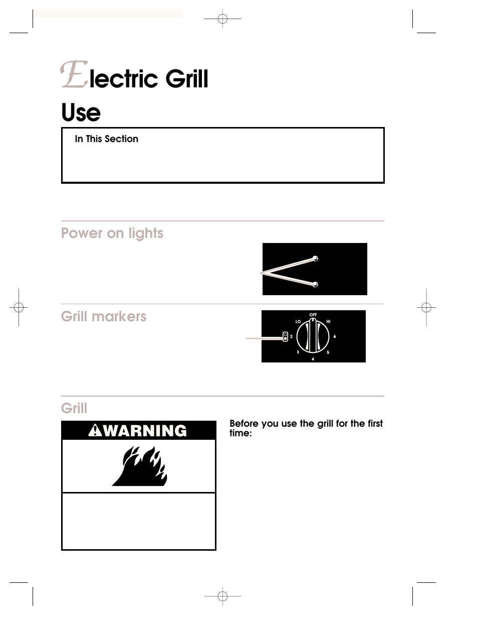 Electric grill, Lectric grill use, Wwarning | Power on lights, Grill markers, Grill | KITCHENAID KKECT025 User Manual | Page 27 / 36