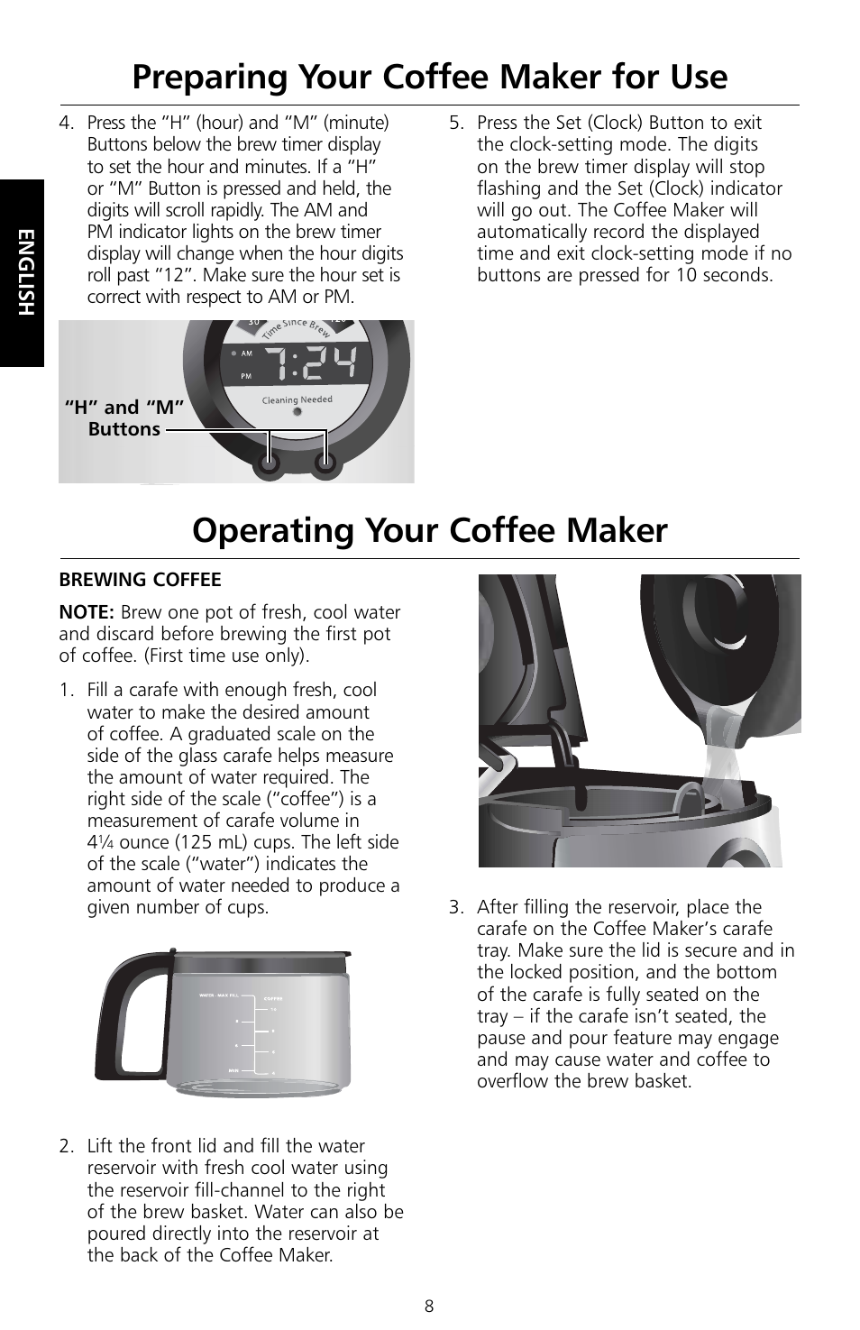 Preparing your coffee maker for use, Operating your coffee maker | KITCHENAID KCM534 User Manual | Page 10 / 52