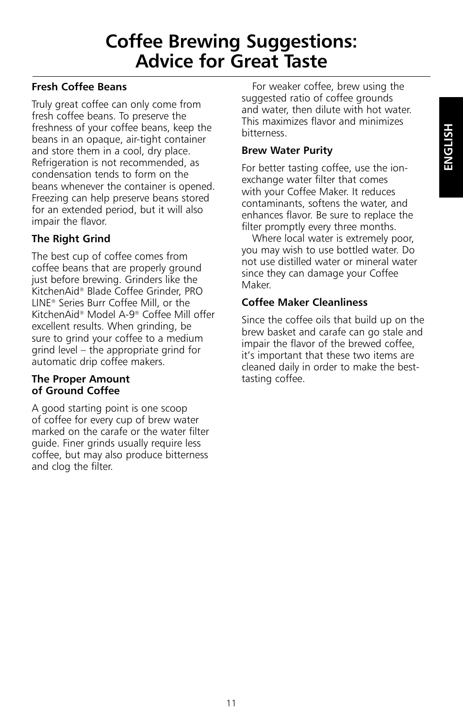 Coffee brewing suggestions: advice for great taste | KITCHENAID KCM534 User Manual | Page 13 / 52