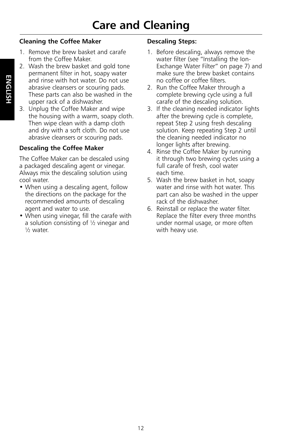 Care and cleaning | KITCHENAID KCM534 User Manual | Page 14 / 52