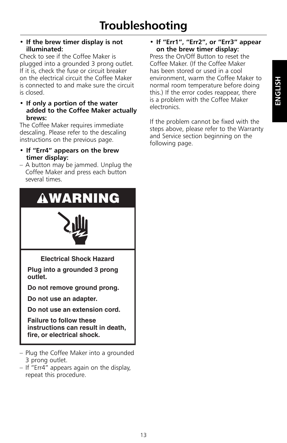 Warning, Troubleshooting | KITCHENAID KCM534 User Manual | Page 15 / 52