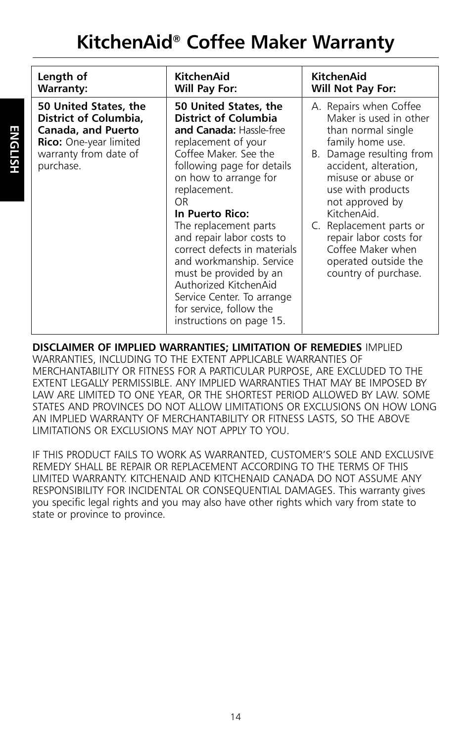 Kitchenaid, Coffee maker warranty | KITCHENAID KCM534 User Manual | Page 16 / 52