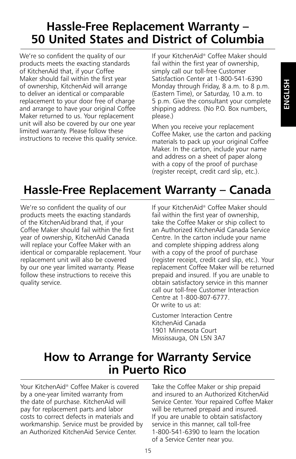 Hassle-free replacement warranty – canada, How to arrange for warranty service in puerto rico | KITCHENAID KCM534 User Manual | Page 17 / 52