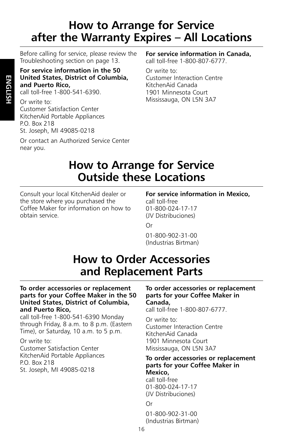 How to arrange for service outside these locations, How to order accessories and replacement parts | KITCHENAID KCM534 User Manual | Page 18 / 52