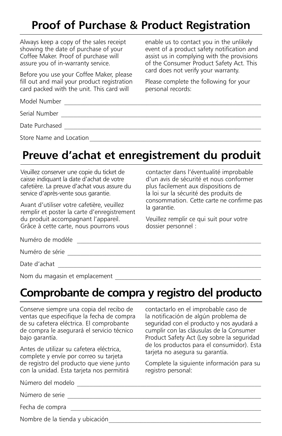 Proof of purchase & product registration, Preuve d’achat et enregistrement du produit, Comprobante de compra y registro del producto | KITCHENAID KCM534 User Manual | Page 2 / 52