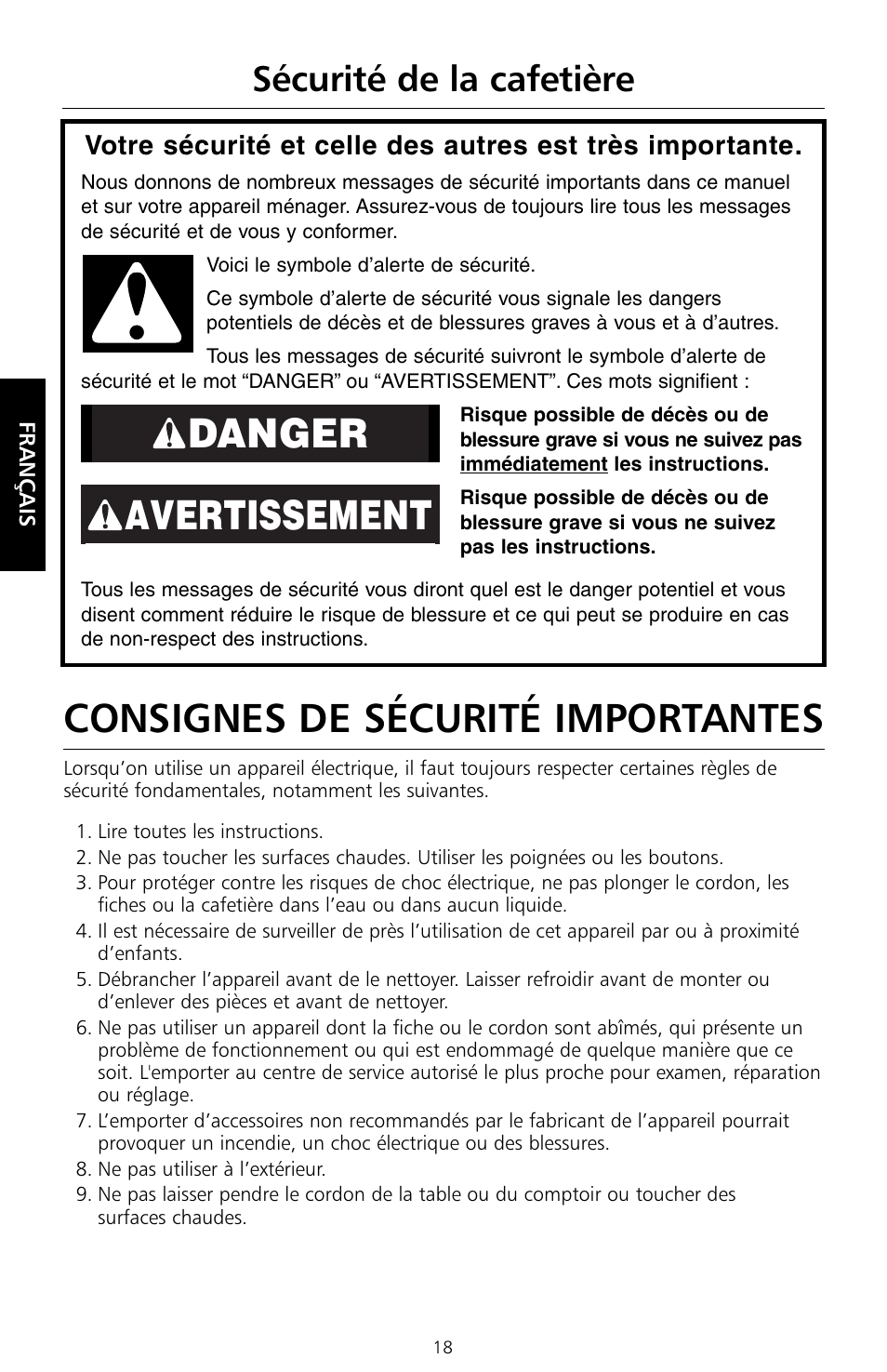 Consignes de sécurité importantes, Avertissement danger, Sécurité de la cafetière | KITCHENAID KCM534 User Manual | Page 20 / 52