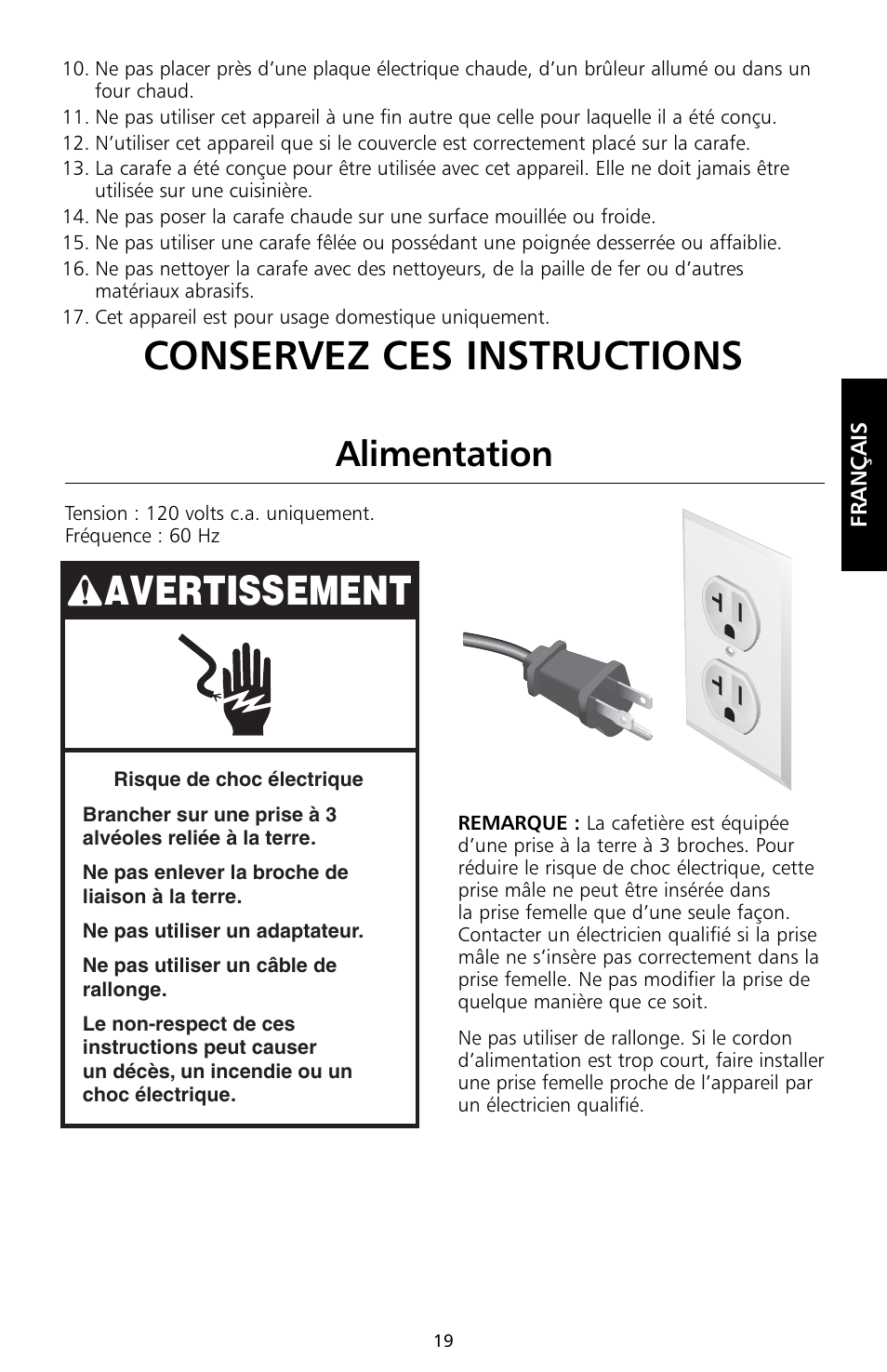 Conservez ces instructions, Avertissement, Alimentation | KITCHENAID KCM534 User Manual | Page 21 / 52