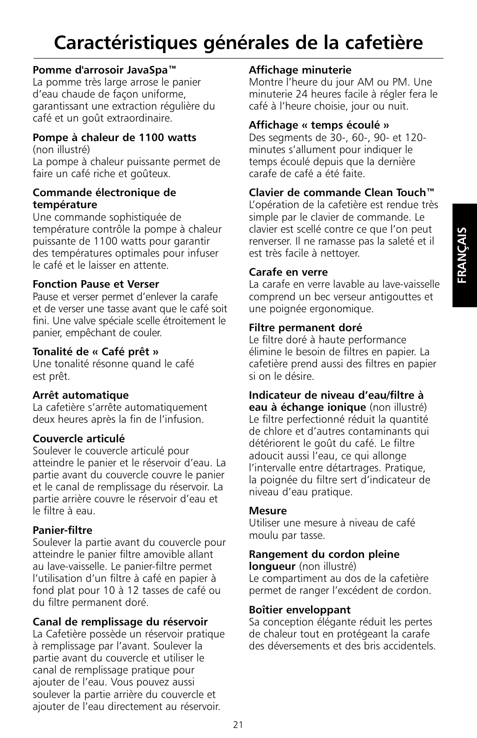 Caractéristiques générales de la cafetière | KITCHENAID KCM534 User Manual | Page 23 / 52