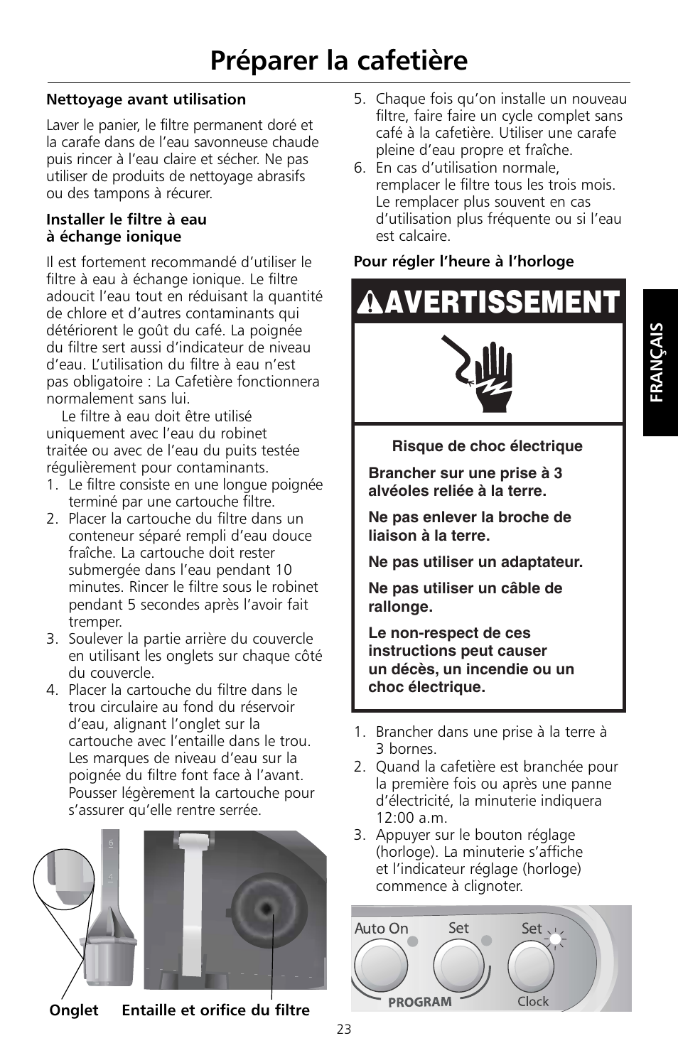 Avertissement, Préparer la cafetière | KITCHENAID KCM534 User Manual | Page 25 / 52