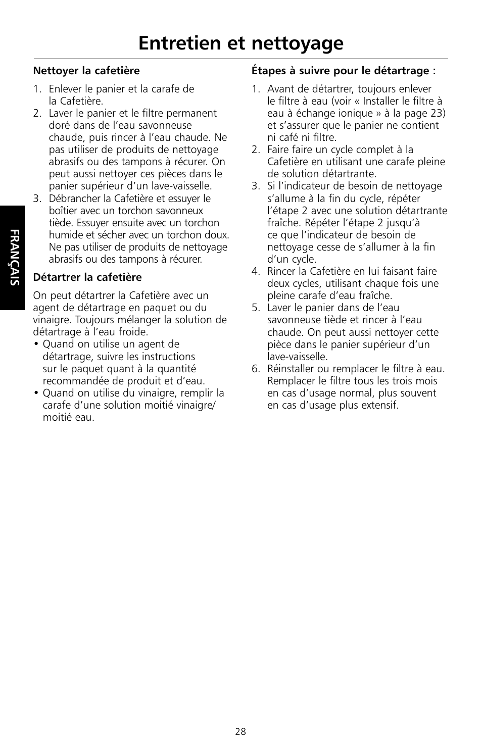 Entretien et nettoyage | KITCHENAID KCM534 User Manual | Page 30 / 52