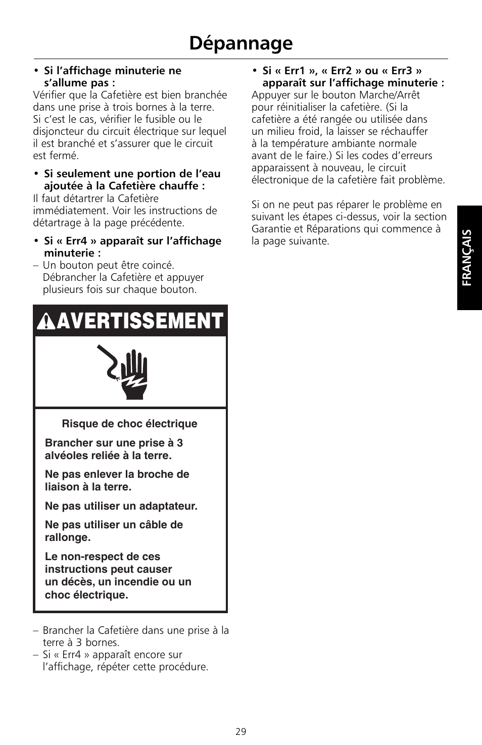 Avertissement, Dépannage | KITCHENAID KCM534 User Manual | Page 31 / 52