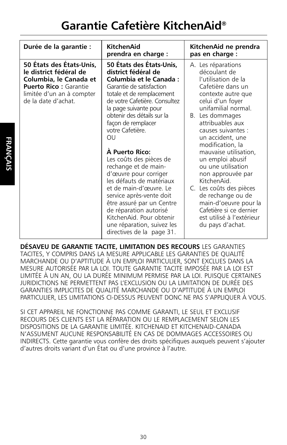 Garantie cafetière kitchenaid | KITCHENAID KCM534 User Manual | Page 32 / 52
