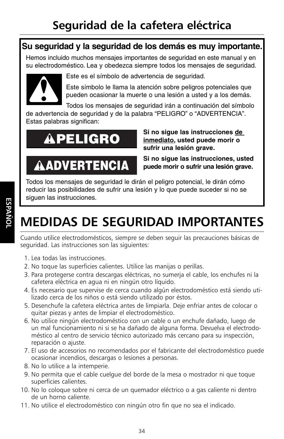 Medidas de seguridad importantes, Peligro advertencia, Seguridad de la cafetera eléctrica | KITCHENAID KCM534 User Manual | Page 36 / 52