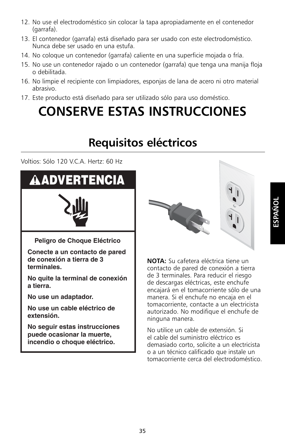 Conserve estas instrucciones, Advertencia, Requisitos eléctricos | KITCHENAID KCM534 User Manual | Page 37 / 52