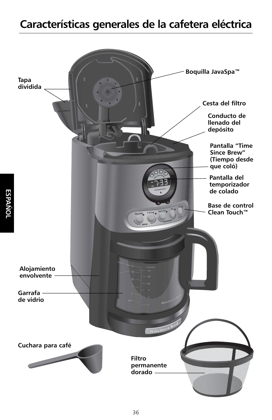 Características generales de la cafetera eléctrica | KITCHENAID KCM534 User Manual | Page 38 / 52