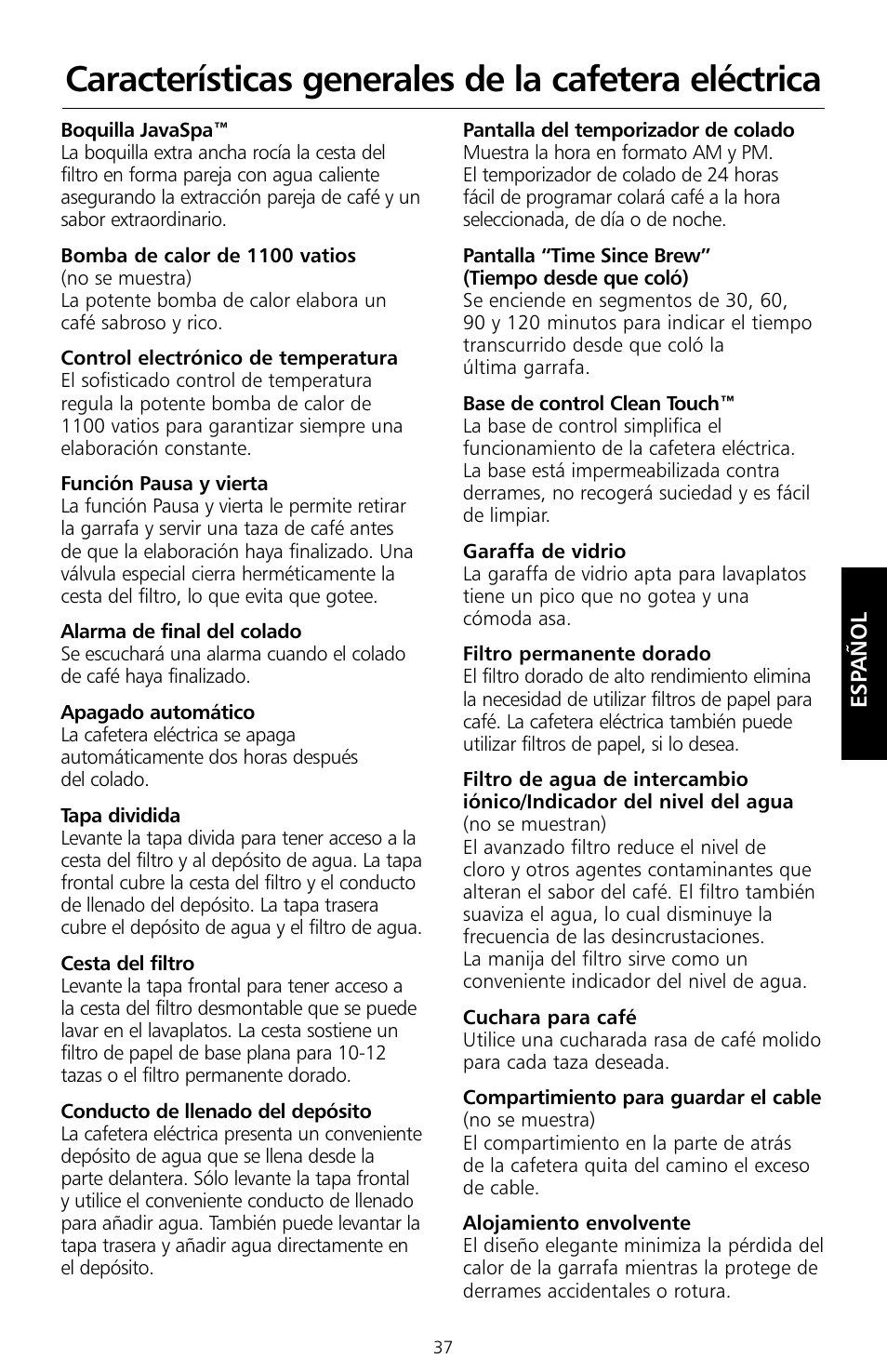 Características generales de la cafetera eléctrica | KITCHENAID KCM534 User Manual | Page 39 / 52