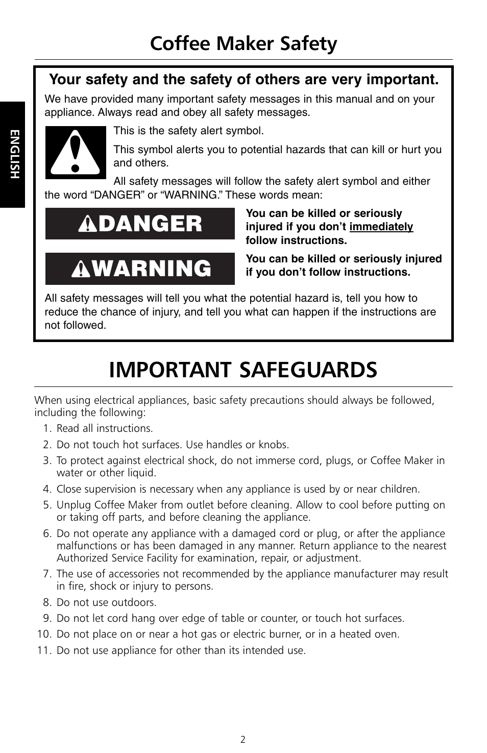 Important safeguards, Danger warning, Coffee maker safety | KITCHENAID KCM534 User Manual | Page 4 / 52