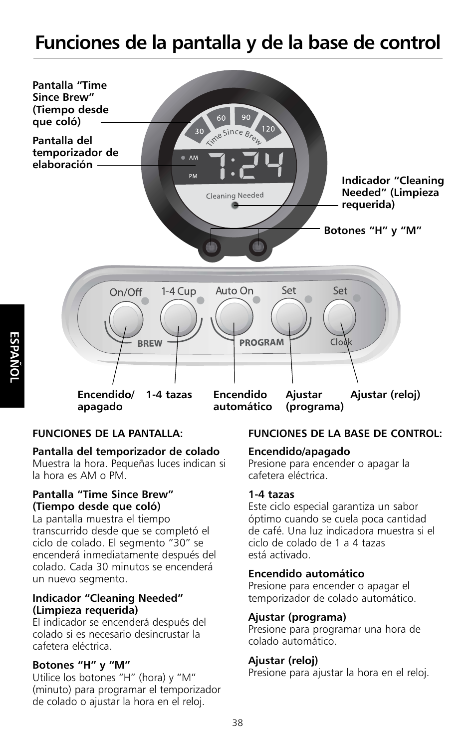 Funciones de la pantalla y de la base de control | KITCHENAID KCM534 User Manual | Page 40 / 52
