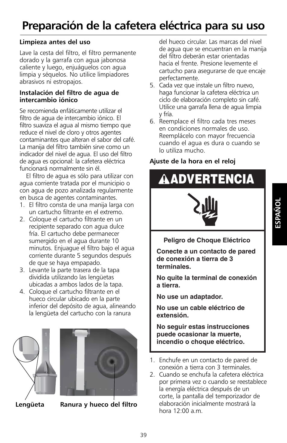 Advertencia, Preparación de la cafetera eléctrica para su uso | KITCHENAID KCM534 User Manual | Page 41 / 52