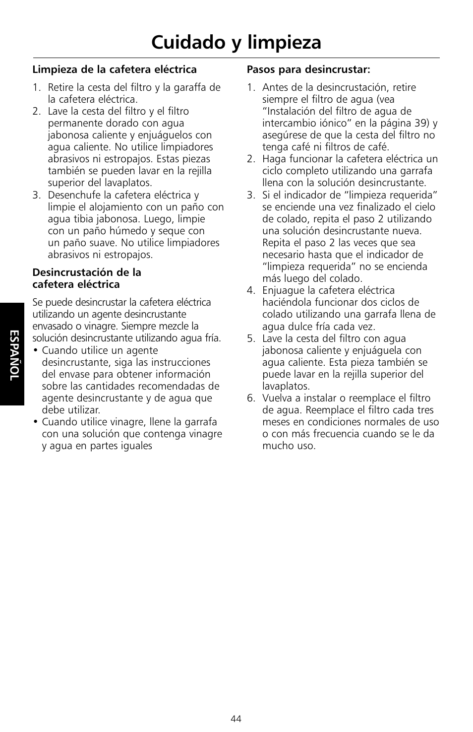 Cuidado y limpieza | KITCHENAID KCM534 User Manual | Page 46 / 52