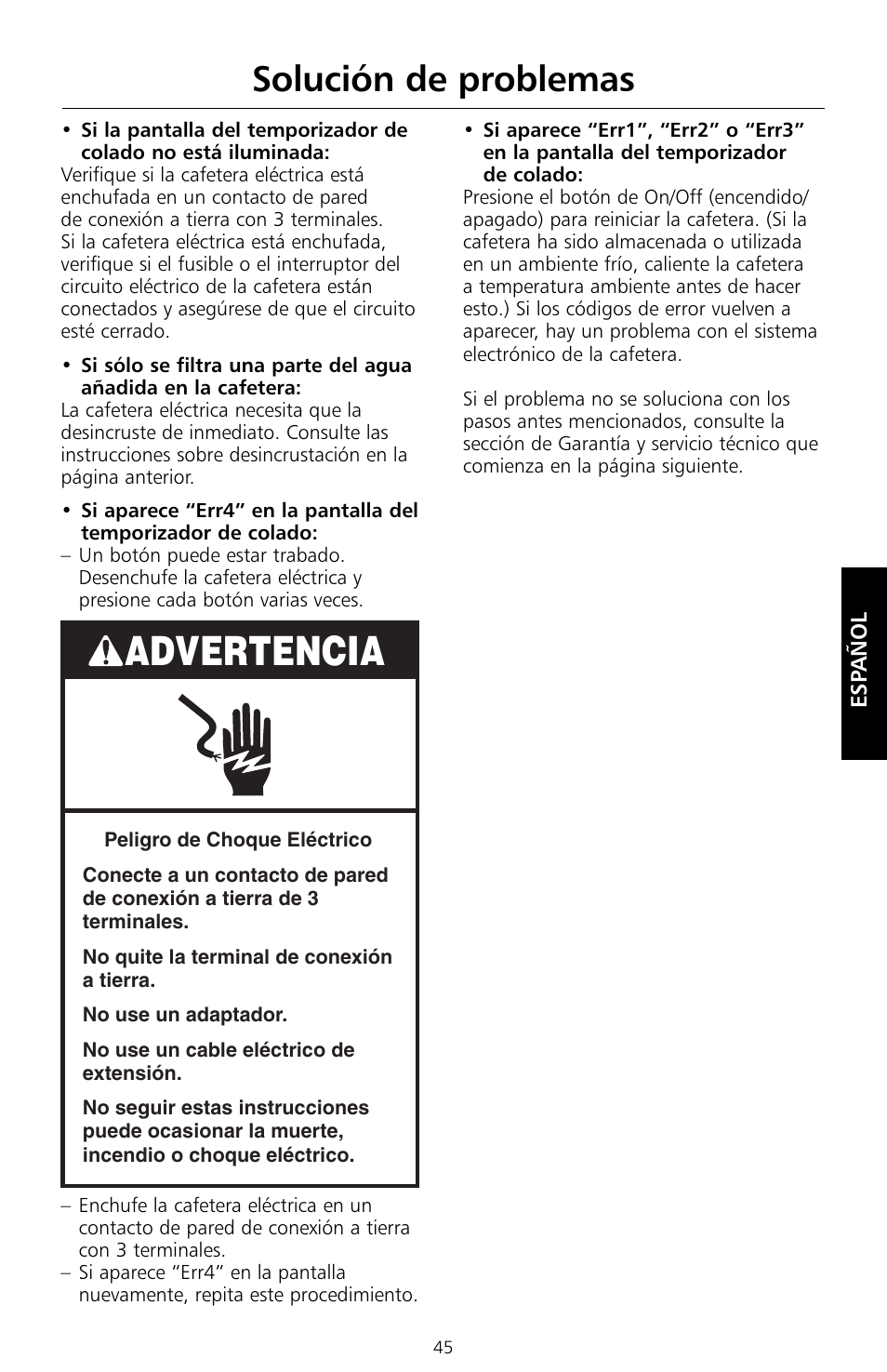 Advertencia, Solución de problemas | KITCHENAID KCM534 User Manual | Page 47 / 52