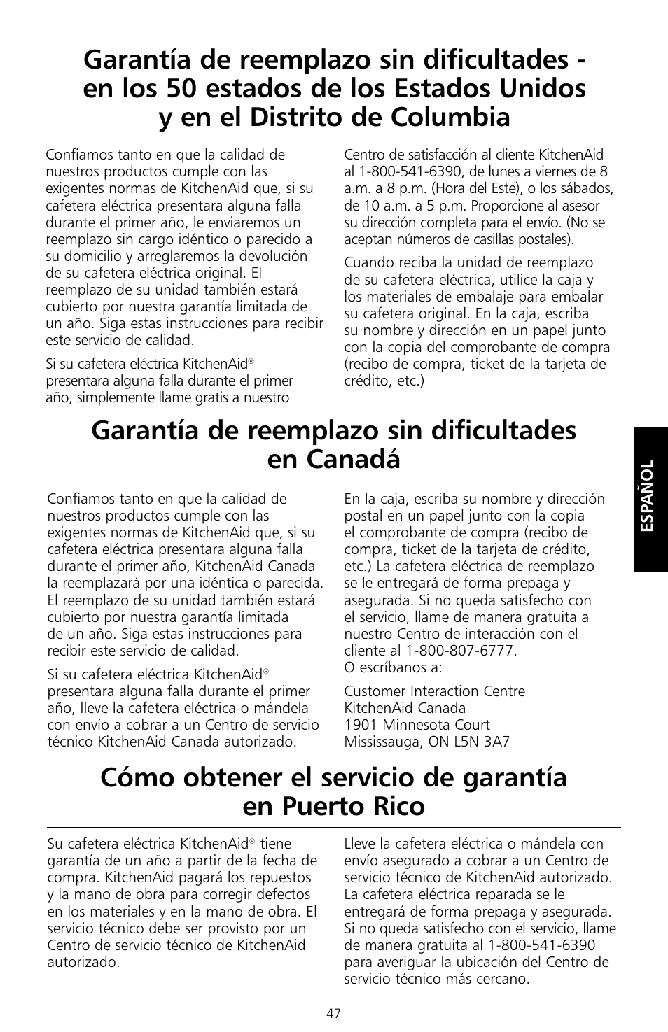 Garantía de reemplazo sin dificultades en canadá | KITCHENAID KCM534 User Manual | Page 49 / 52