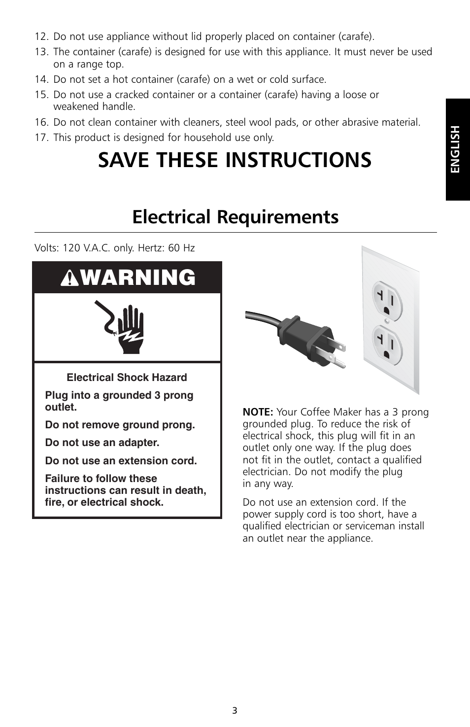 Save these instructions, Warning, Electrical requirements | KITCHENAID KCM534 User Manual | Page 5 / 52