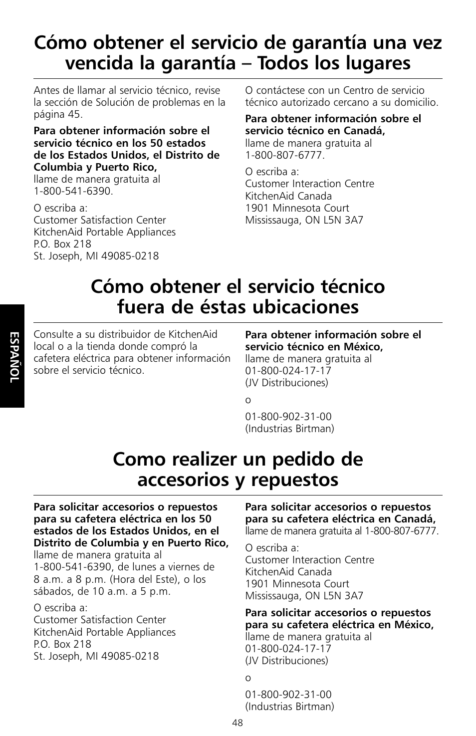 Como realizer un pedido de accesorios y repuestos | KITCHENAID KCM534 User Manual | Page 50 / 52