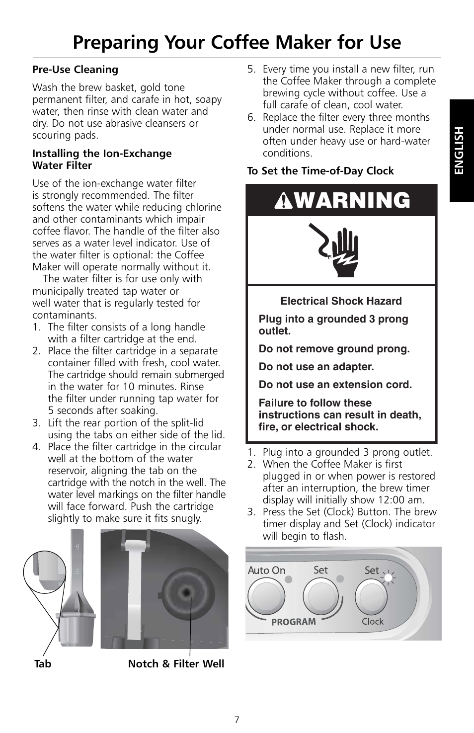 Warning, Preparing your coffee maker for use | KITCHENAID KCM534 User Manual | Page 9 / 52