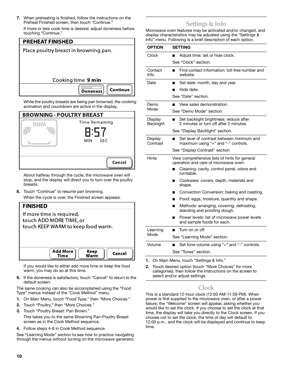 Settings & info, Clock | KITCHENAID KHHC2090S User Manual | Page 10 / 36