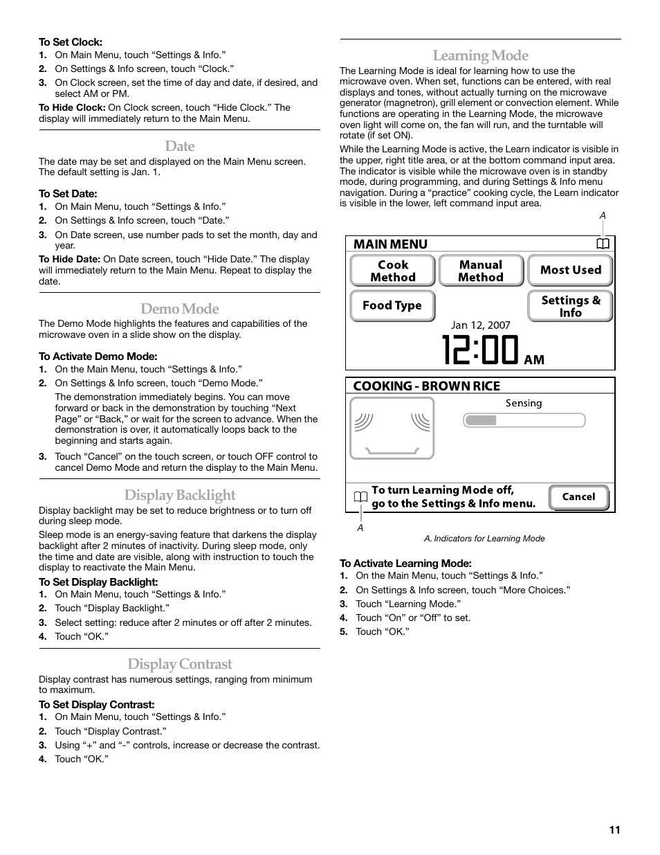 Date, Demo mode, Display backlight | Display contrast, Learning mode | KITCHENAID KHHC2090S User Manual | Page 11 / 36