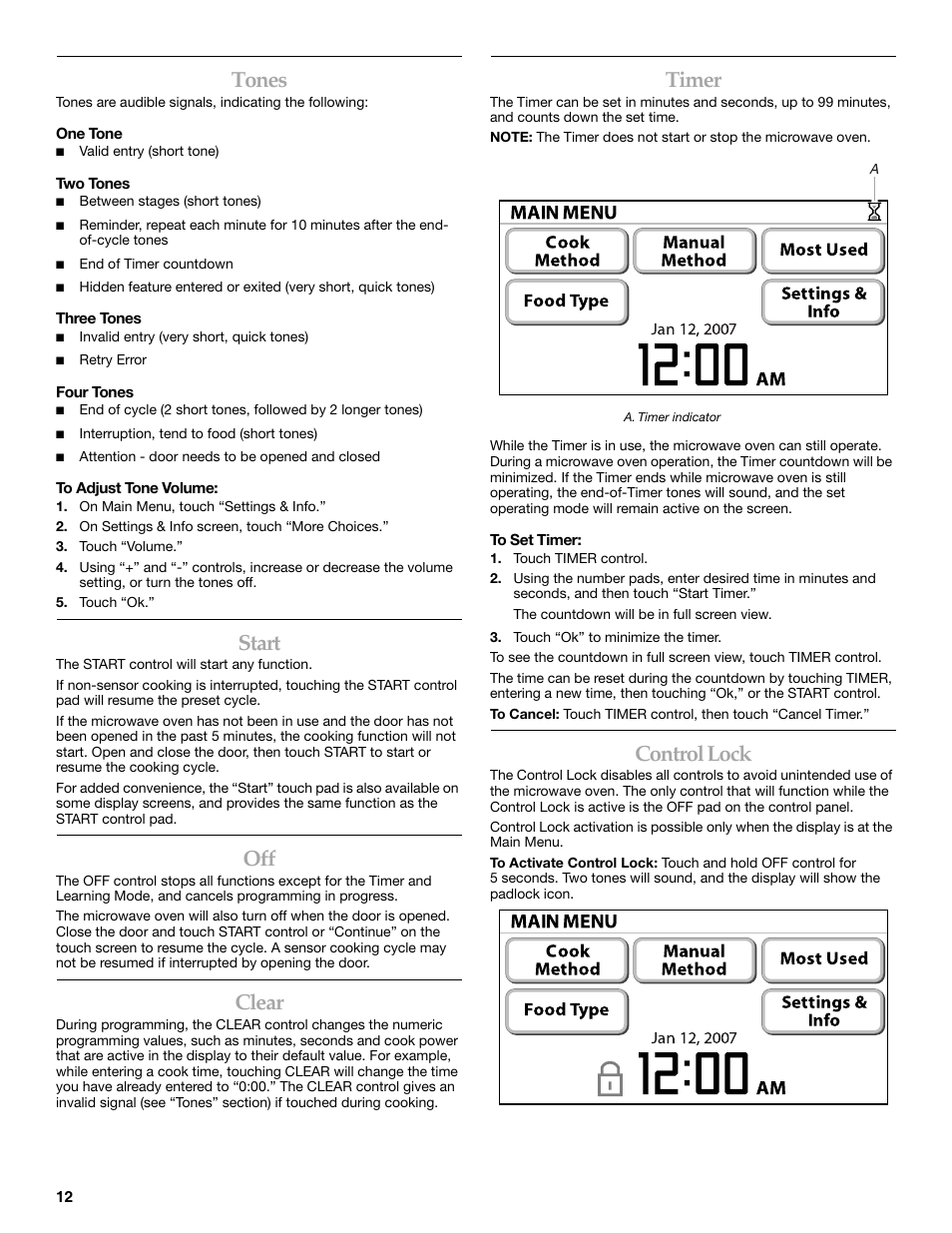 Tones, Start, Clear | Timer, Control lock | KITCHENAID KHHC2090S User Manual | Page 12 / 36