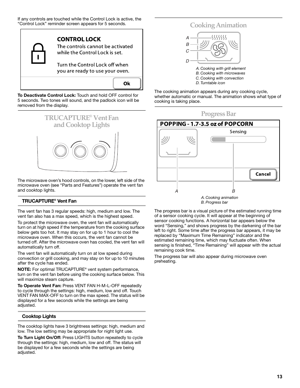 Trucapture, Vent fan and cooktop lights, Cooking animation | Progress bar | KITCHENAID KHHC2090S User Manual | Page 13 / 36