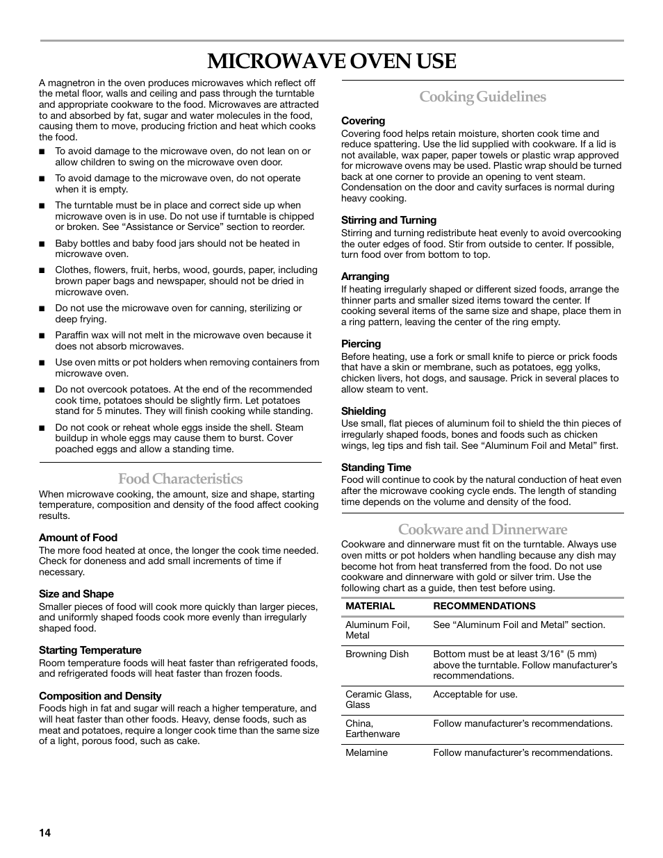 Microwave oven use, Food characteristics, Cooking guidelines | Cookware and dinnerware | KITCHENAID KHHC2090S User Manual | Page 14 / 36