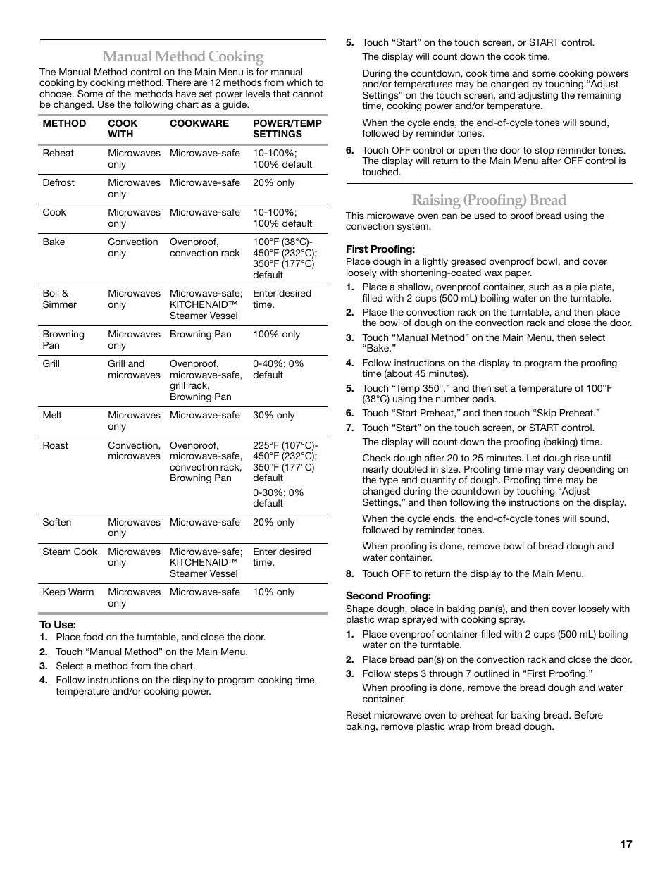 Manual method cooking, Raising (proofing) bread | KITCHENAID KHHC2090S User Manual | Page 17 / 36