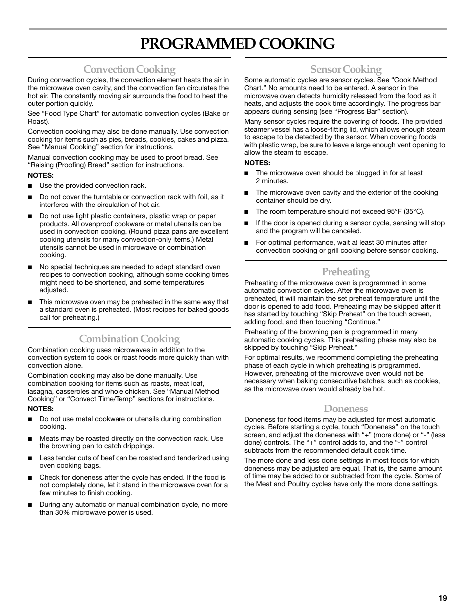 Programmed cooking, Convection cooking, Combination cooking | Sensor cooking, Preheating, Doneness | KITCHENAID KHHC2090S User Manual | Page 19 / 36