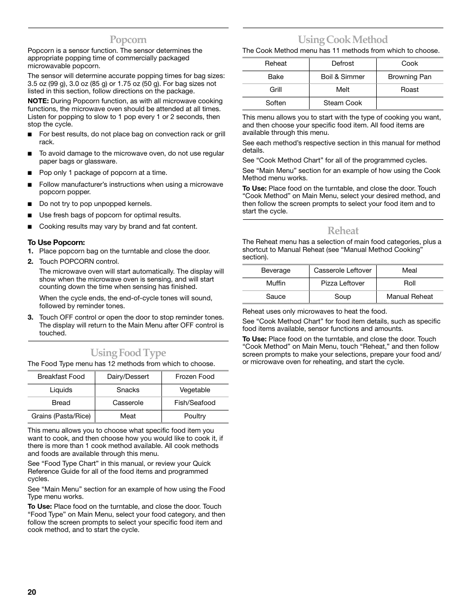 Popcorn, Using food type, Using cook method | Reheat | KITCHENAID KHHC2090S User Manual | Page 20 / 36