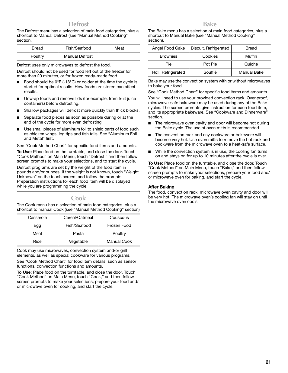 Defrost, Cook, Bake | KITCHENAID KHHC2090S User Manual | Page 21 / 36