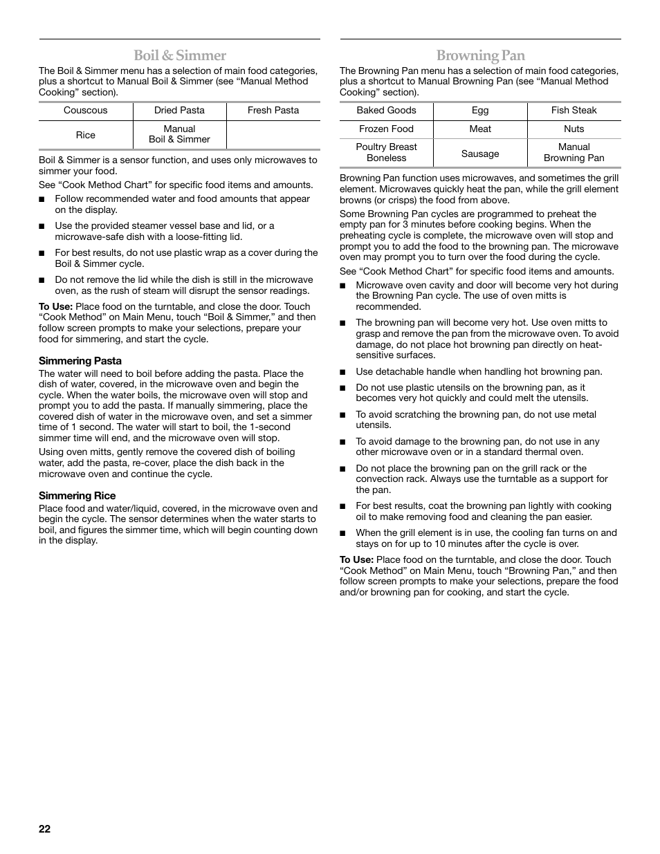 Boil & simmer, Browning pan | KITCHENAID KHHC2090S User Manual | Page 22 / 36