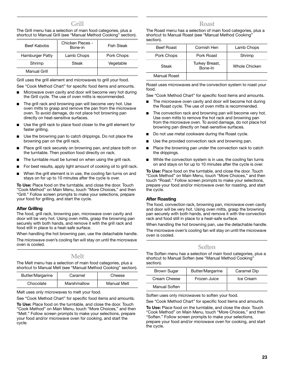 Grill, Melt, Roast | Soften | KITCHENAID KHHC2090S User Manual | Page 23 / 36