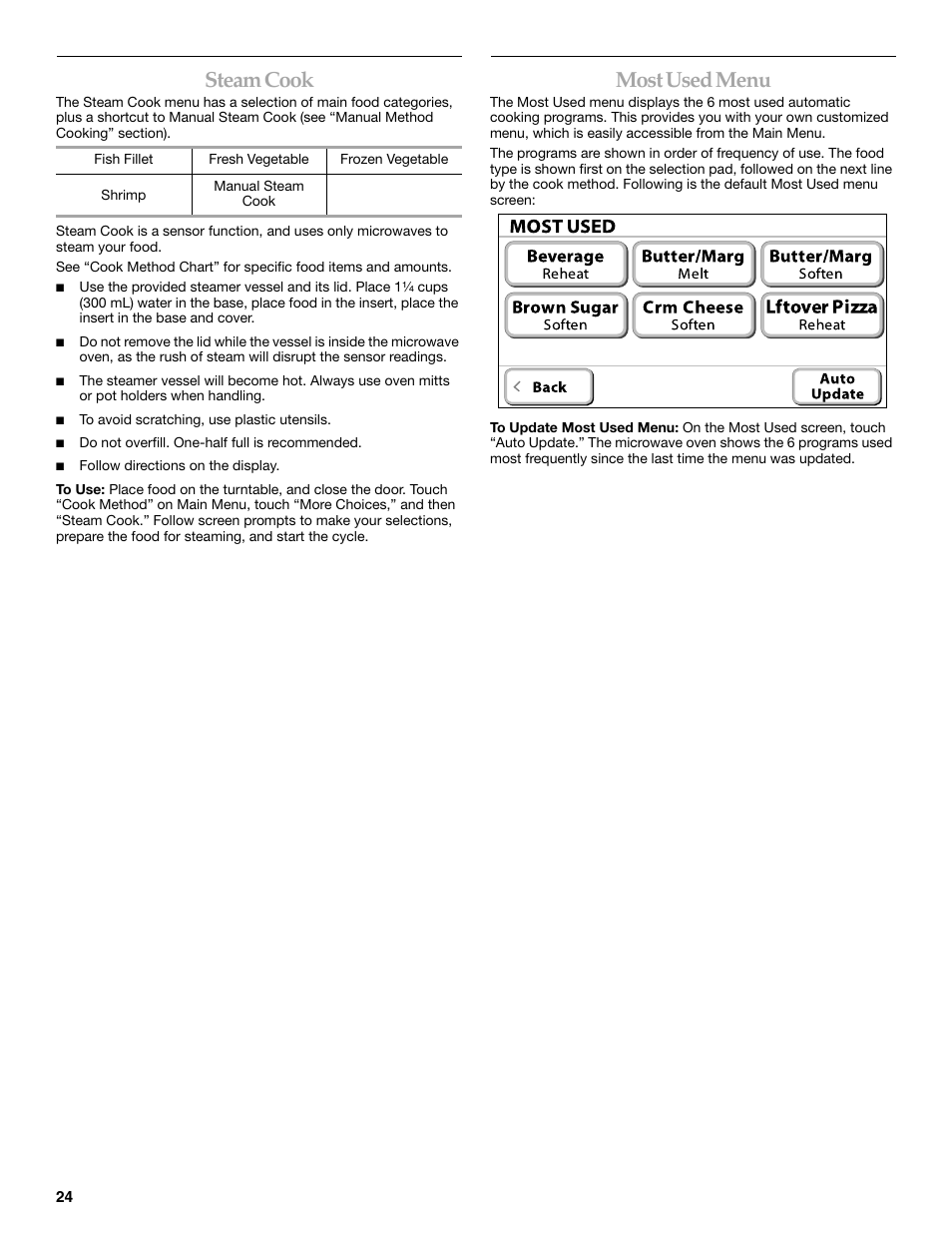 Steam cook, Most used menu | KITCHENAID KHHC2090S User Manual | Page 24 / 36