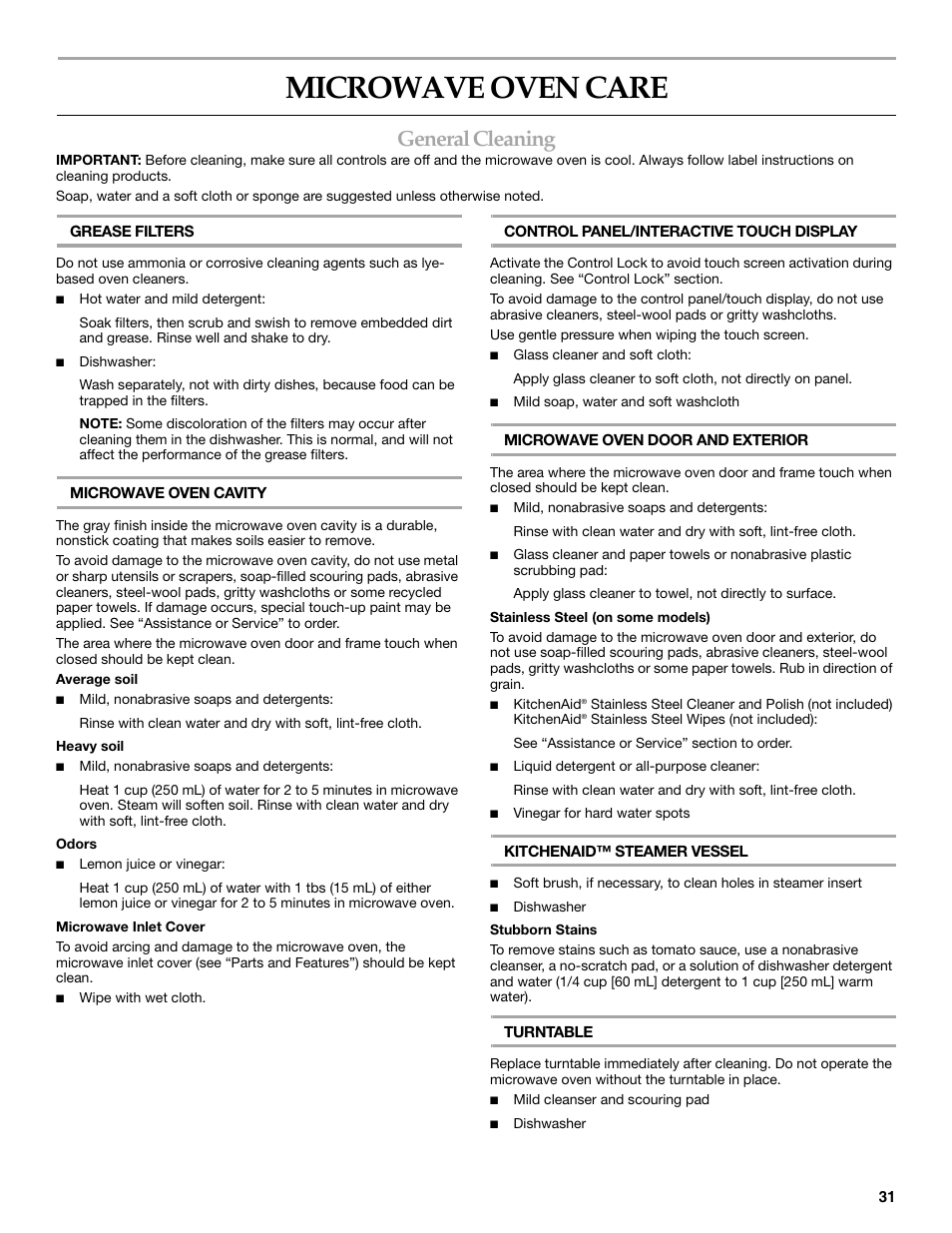Microwave oven care, General cleaning | KITCHENAID KHHC2090S User Manual | Page 31 / 36