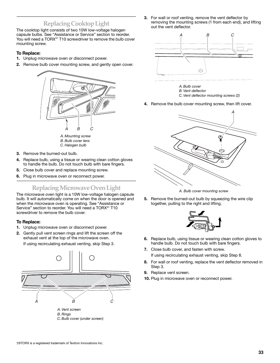 Replacing cooktop light, Replacing microwave oven light | KITCHENAID KHHC2090S User Manual | Page 33 / 36