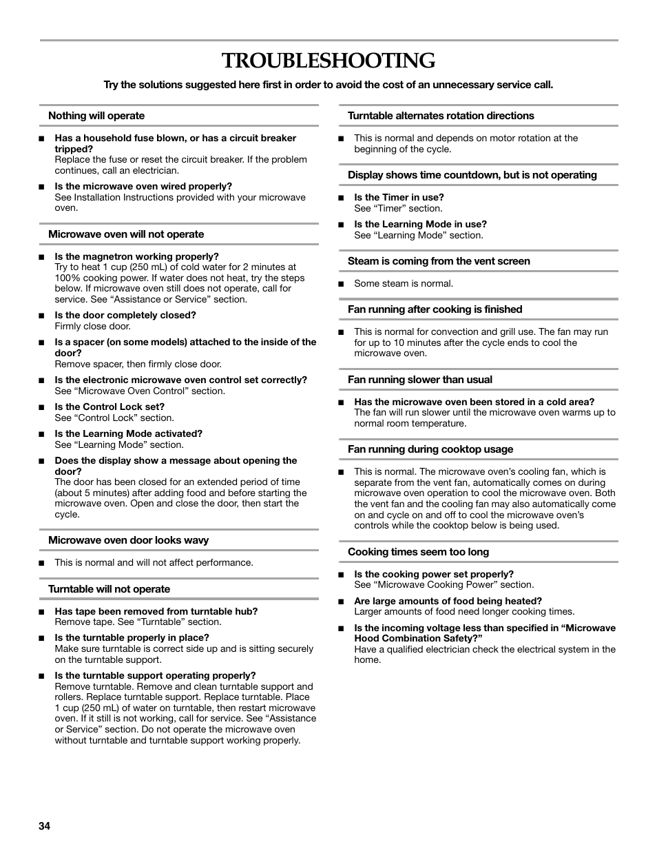 Troubleshooting | KITCHENAID KHHC2090S User Manual | Page 34 / 36