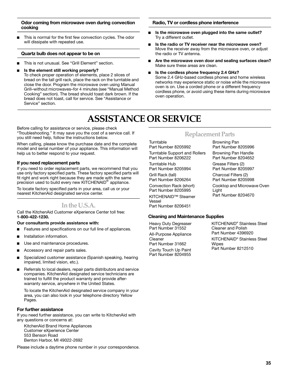 Assistance or service, Replacement parts | KITCHENAID KHHC2090S User Manual | Page 35 / 36