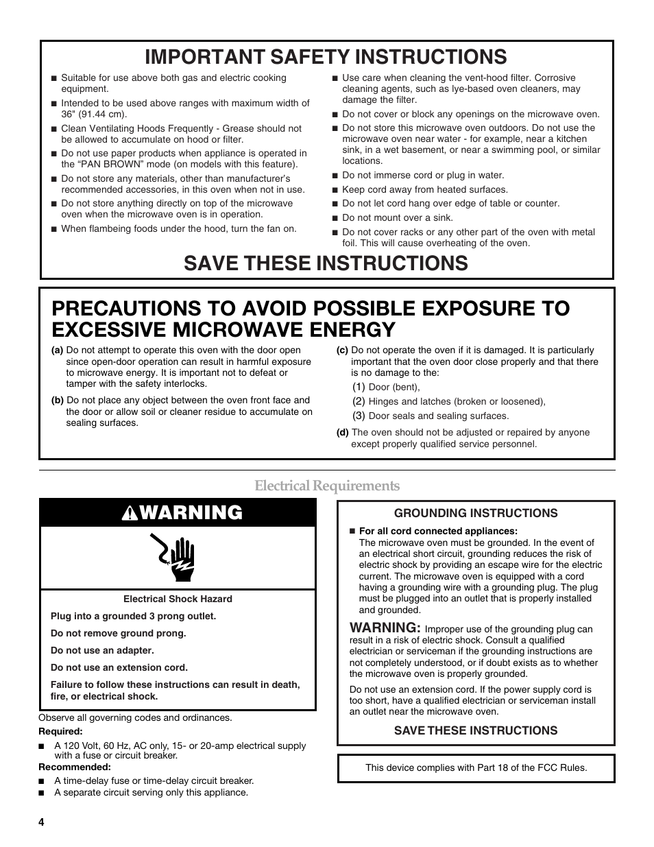 Warning, Electrical requirements | KITCHENAID KHHC2090S User Manual | Page 4 / 36