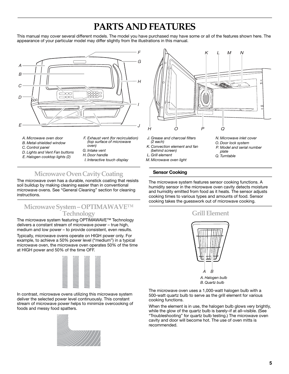 Parts and features, Microwave oven cavity coating, Microwave system – optimawave™ technology | Grill element | KITCHENAID KHHC2090S User Manual | Page 5 / 36